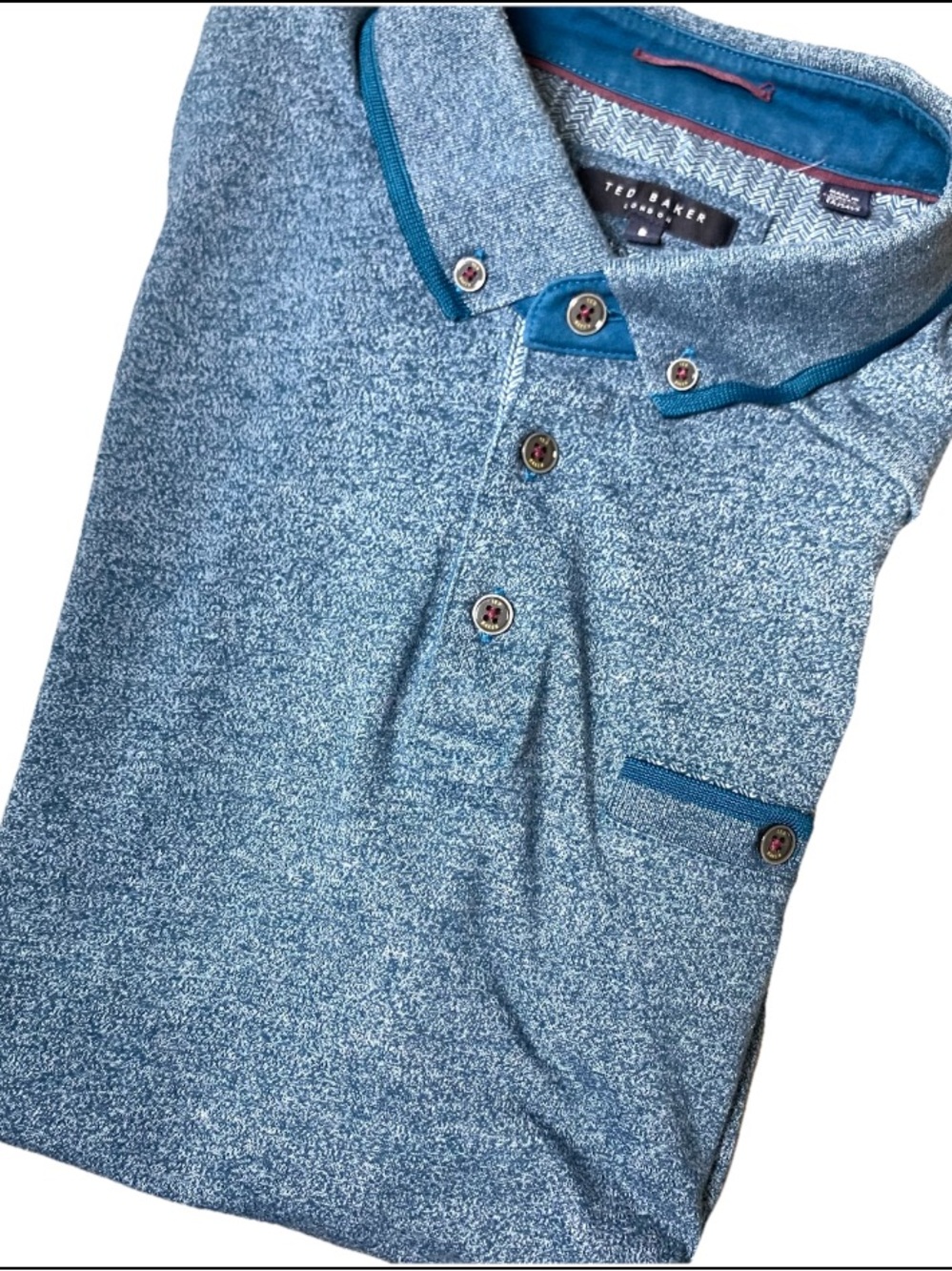 Ted Baker London Polo Shirt Mens 6 Blue Teal Heather Button Collar Pocket Knit